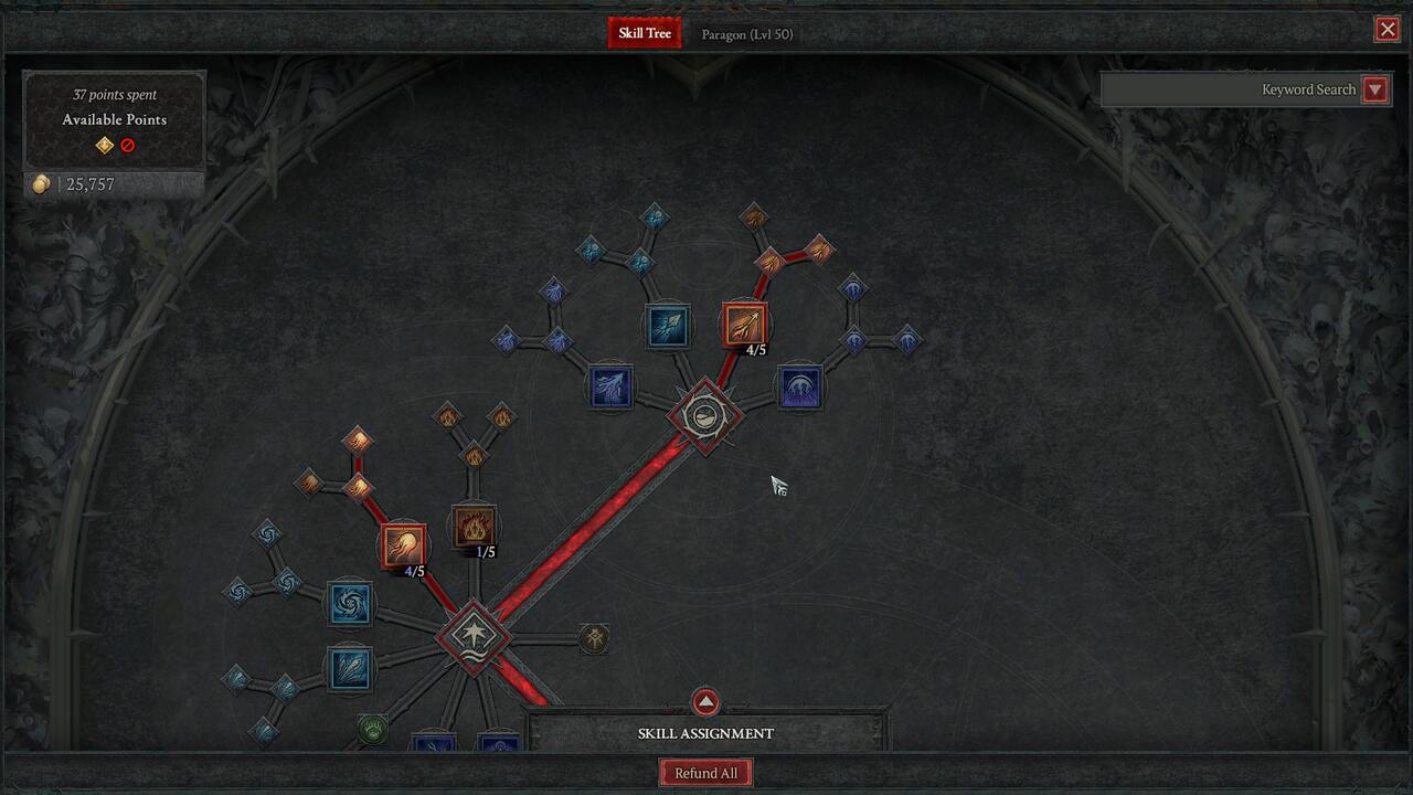 Diablo 4 Sorcerer Skill Tree: The Sorcerer's Basic Skills on the Abilities menu.