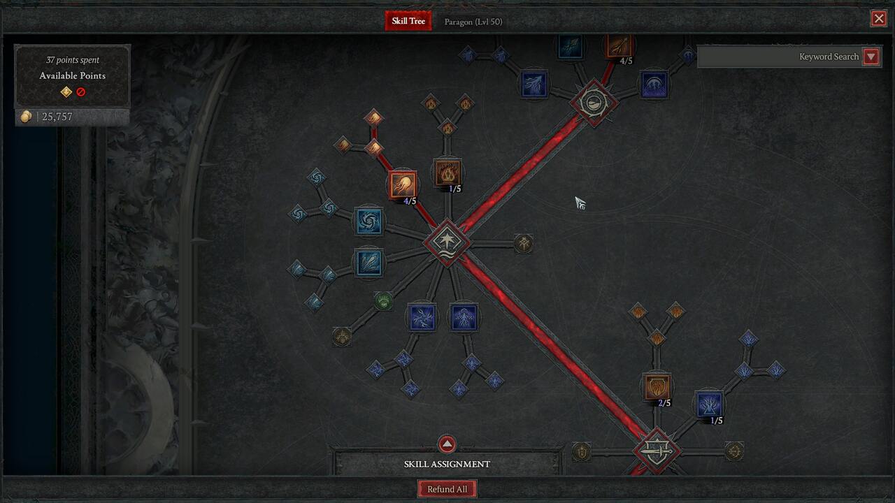 Diablo 4 Sorcerer Skill Tree: The Sorcerer's Core Skills on the Abilities menu.