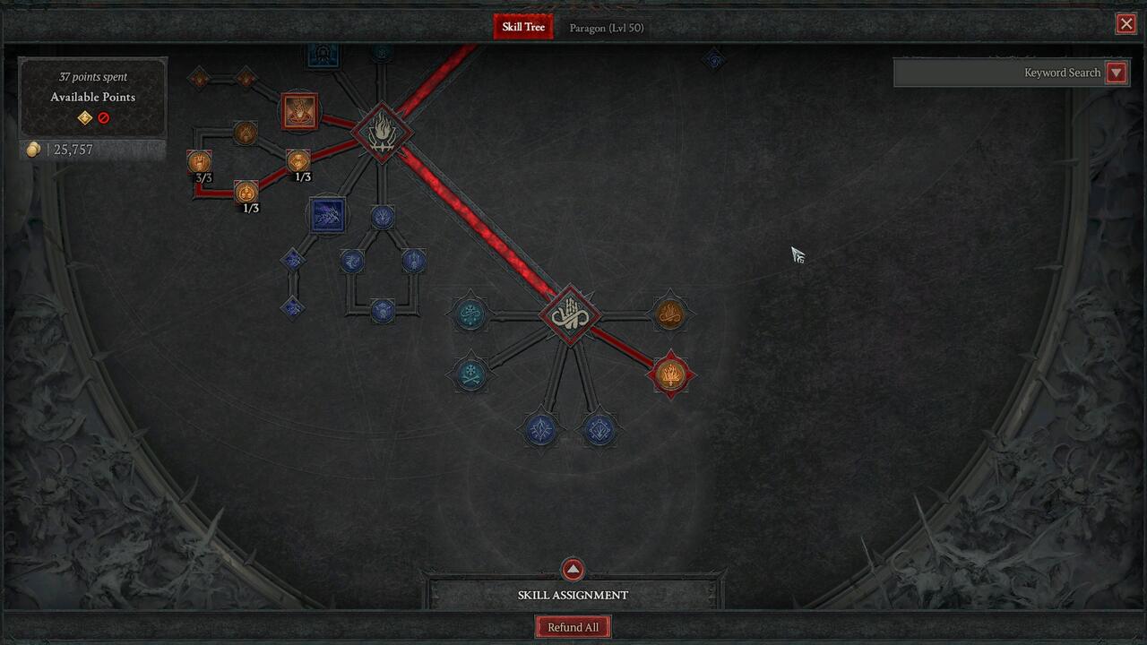 Diablo 4 Sorcerer Skill Tree: The Sorcerer's Key Skills on the Abilities menu.