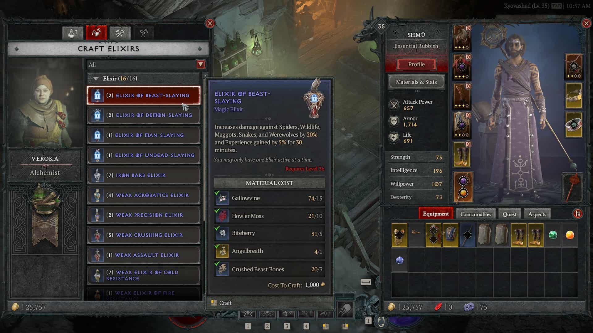 Diablo 4 Angelbreath: The Alchemist menu showing an elixir that uses Angelbreath as an ingredient.