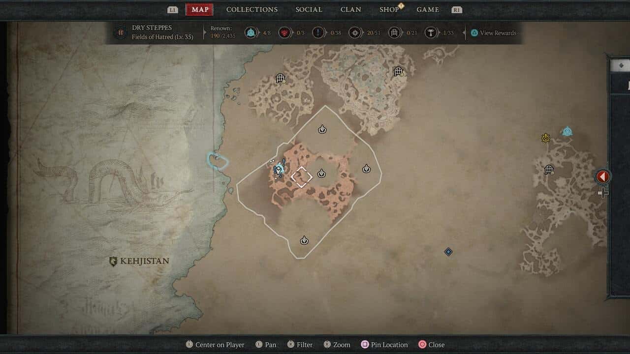 How to PvP in Diablo 4: The location of the Dry Steppes Fields of Hatred on the Diablo 4 map.