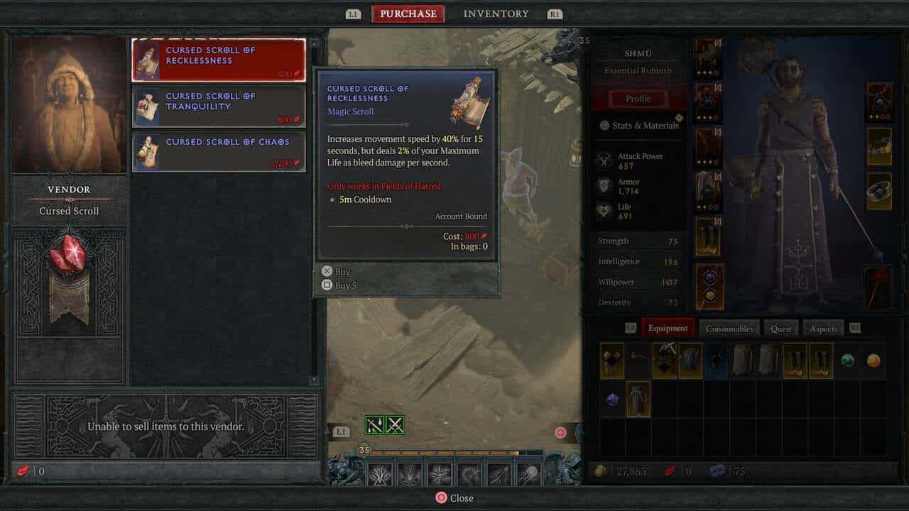How to PvP in Diablo 4: One of the vendors where you can spend your Red Dust.