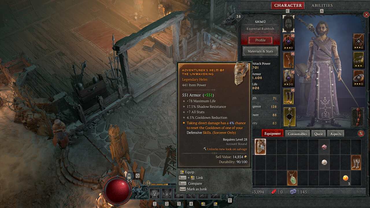 Diablo 4 Coiling Wards: The inventory showing a Legendary piece of armour with over 400 Item Power.,