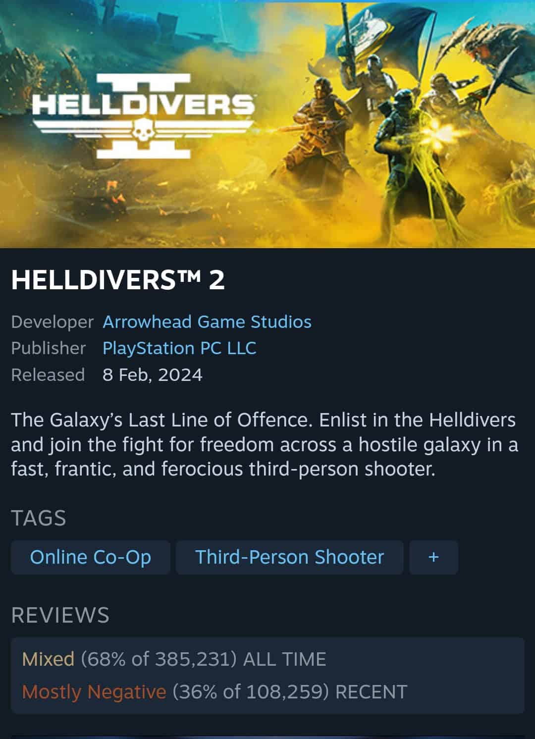 Promotional poster for "Helldivers 2" game, featuring soldiers in combat against alien creatures, with release details and user reviews.