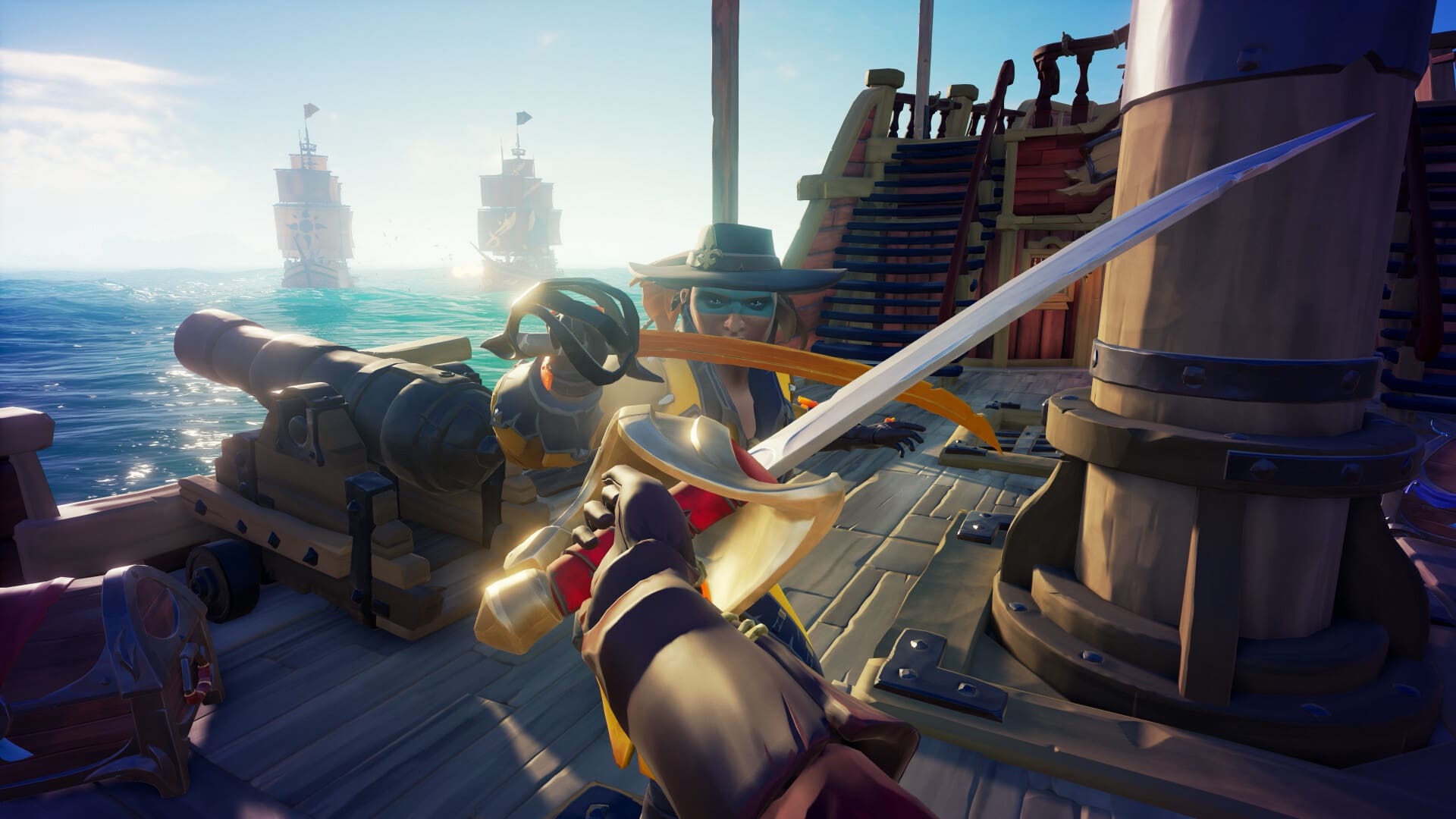 Sea of Thieves pirate sword fight on a ship deck with enemy vessels in the background