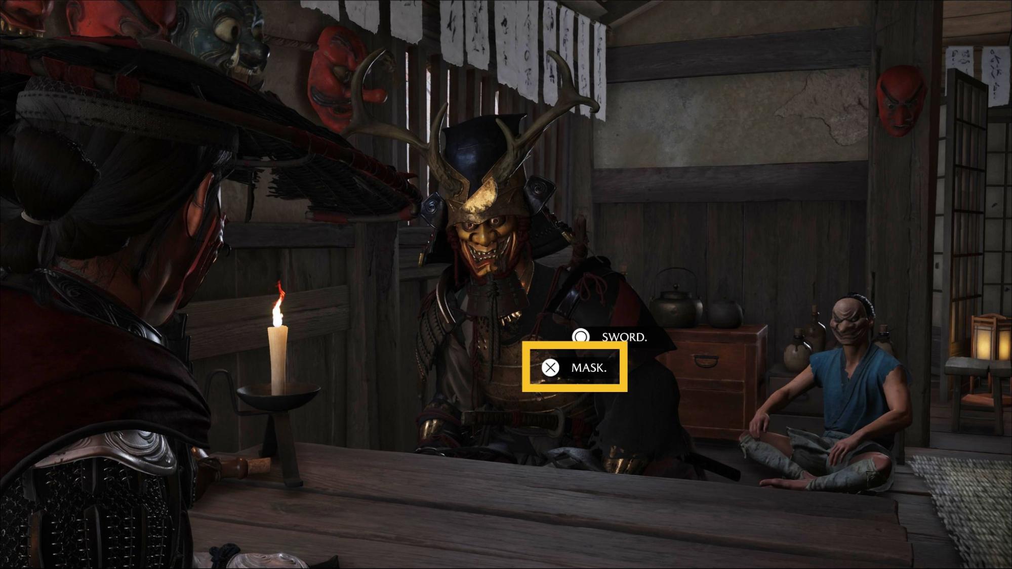 Player selects “Mask” as the correct response to the second Oni Raider riddle in Ghost of Yotei Oni’s Breath Inn quest