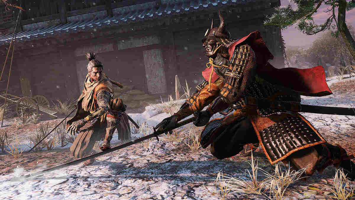 Two samurai warriors engage in combat in Sekiro