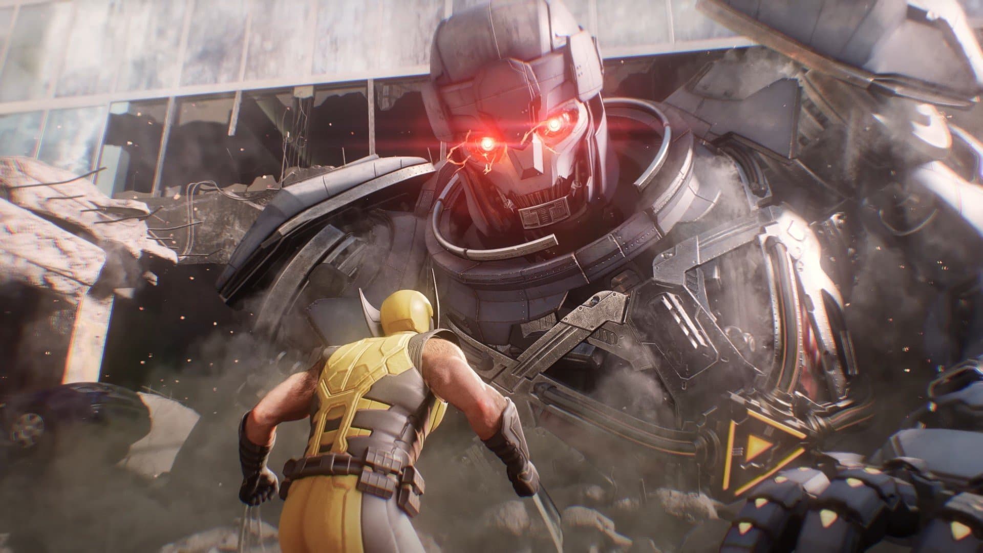 Wolverine facing giant Sentinel with glowing eyes