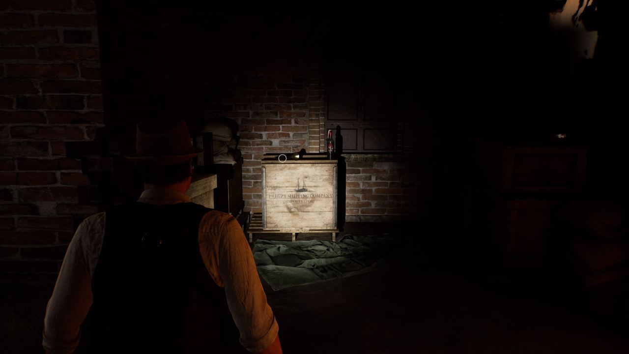 A character in a cowboy hat explores a dimly lit room with a wooden crate and bottles, alone in the dark.