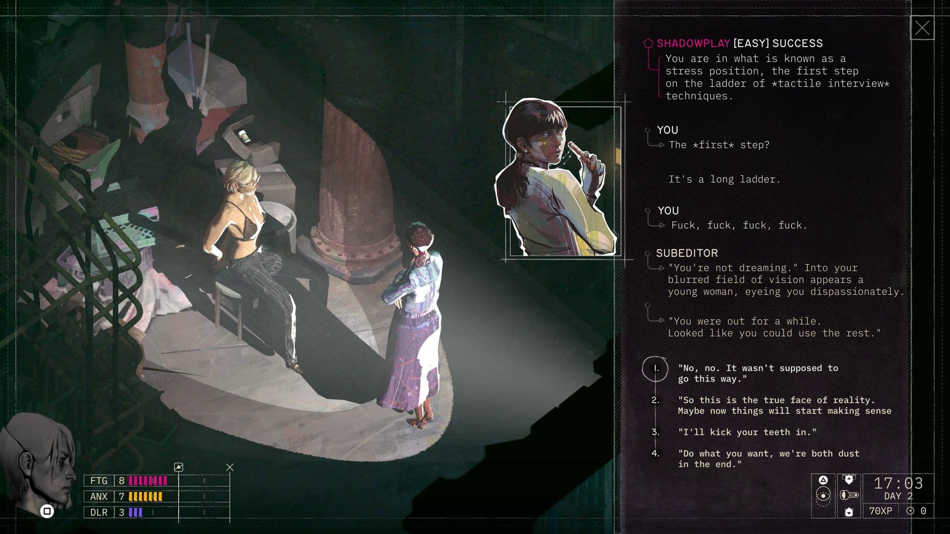 Dialogue scene in Zero Parades For Dead Spies showing successful Shadowplay skill check during tense interrogation