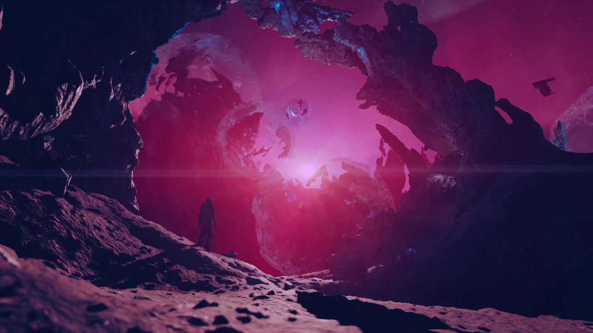 starfield shattered space dlc release date window - a purple glow from the planet is observed by an astronaut