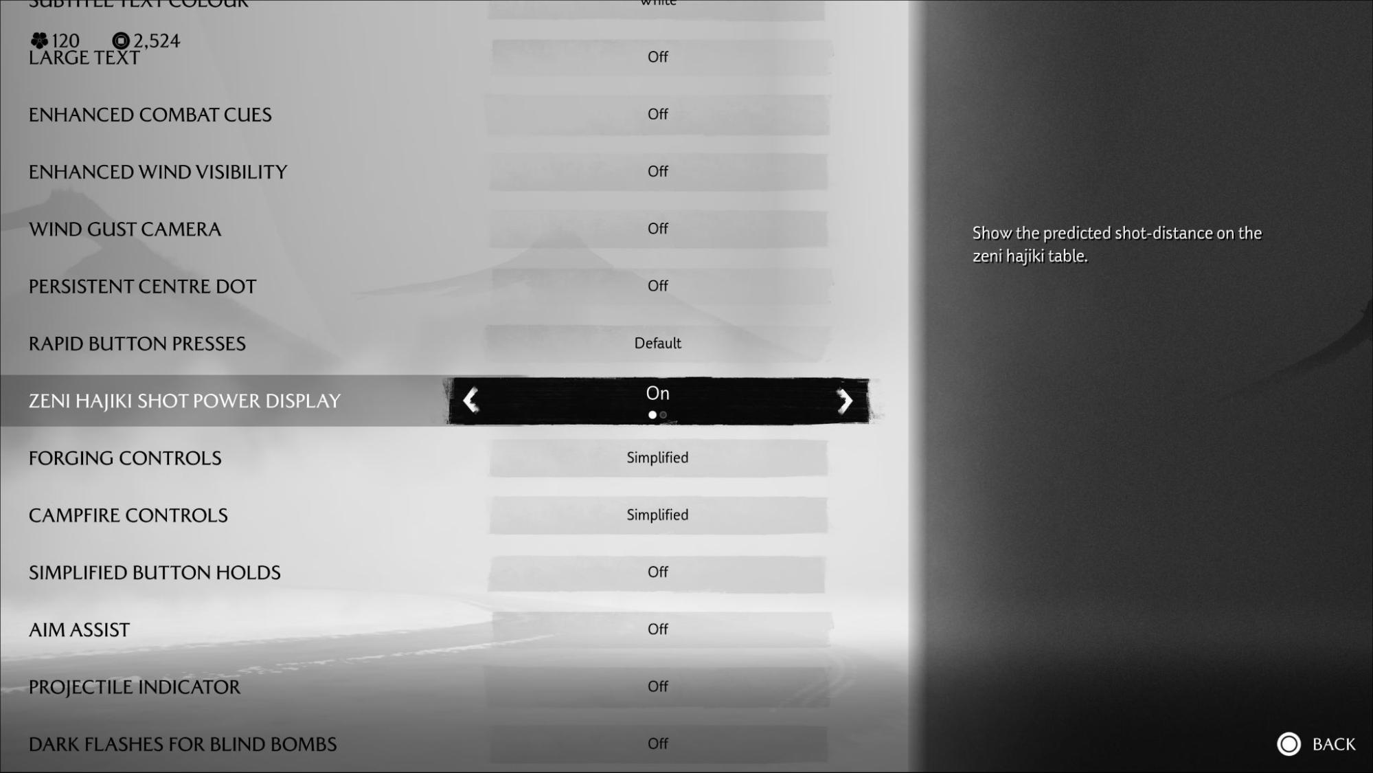 Accessibility menu showing the Zeni Hajiki Shot Power Display option enabled in Ghost of Yotei