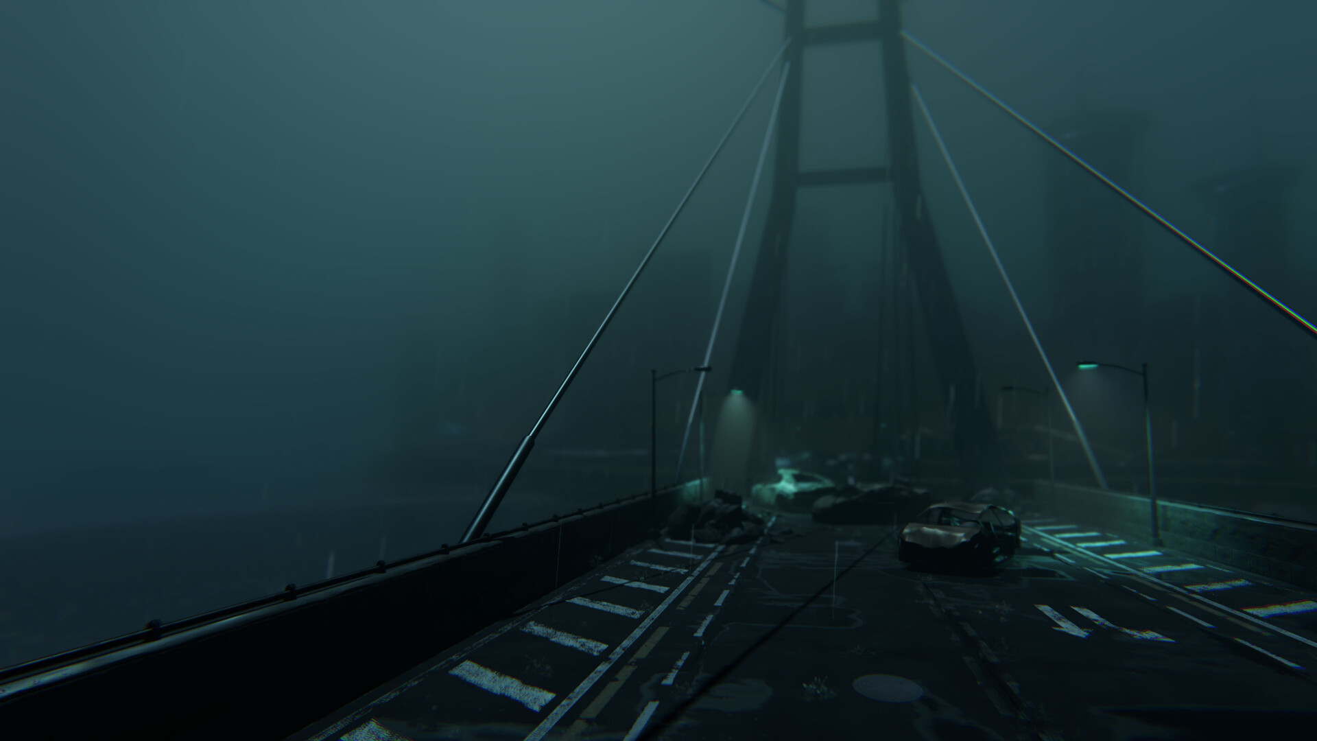 Abandoned foggy bridge in Parasite Mutant’s flooded city