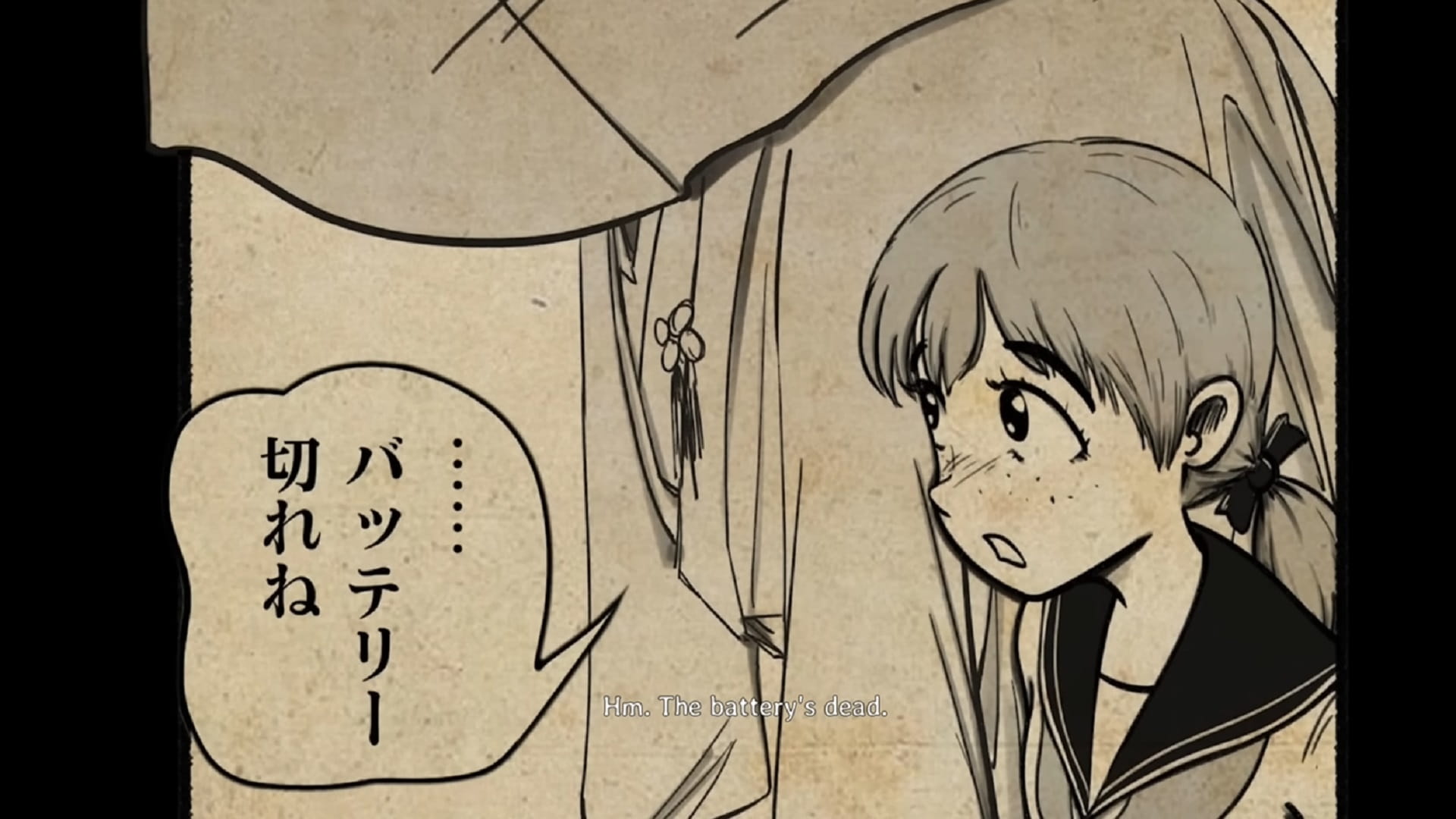 A manga style cutscene in Silent Hill f shows a girl in a school uniform speaking with a surprised expression as text reads “Hm. The battery’s dead.”