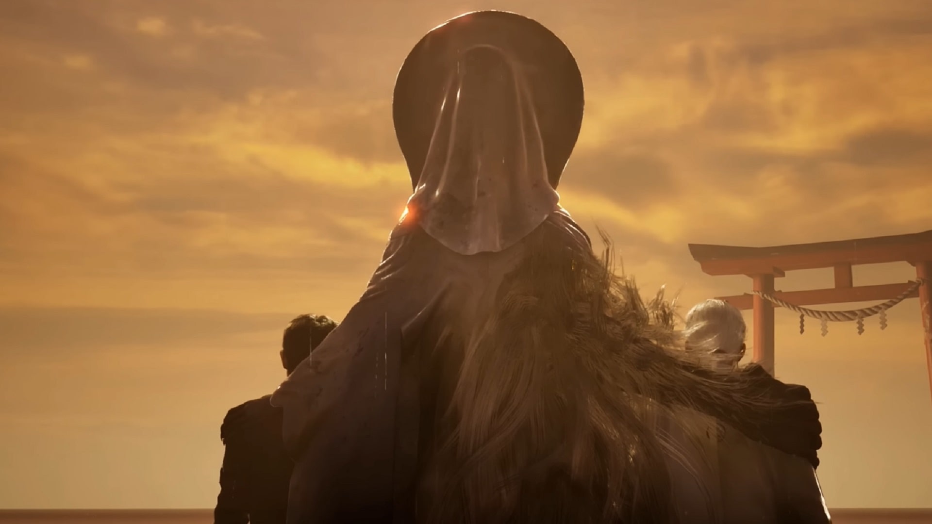A mysterious veiled figure stands before a torii gate at sunset in Silent Hill f, creating an eerie and haunting atmosphere.
