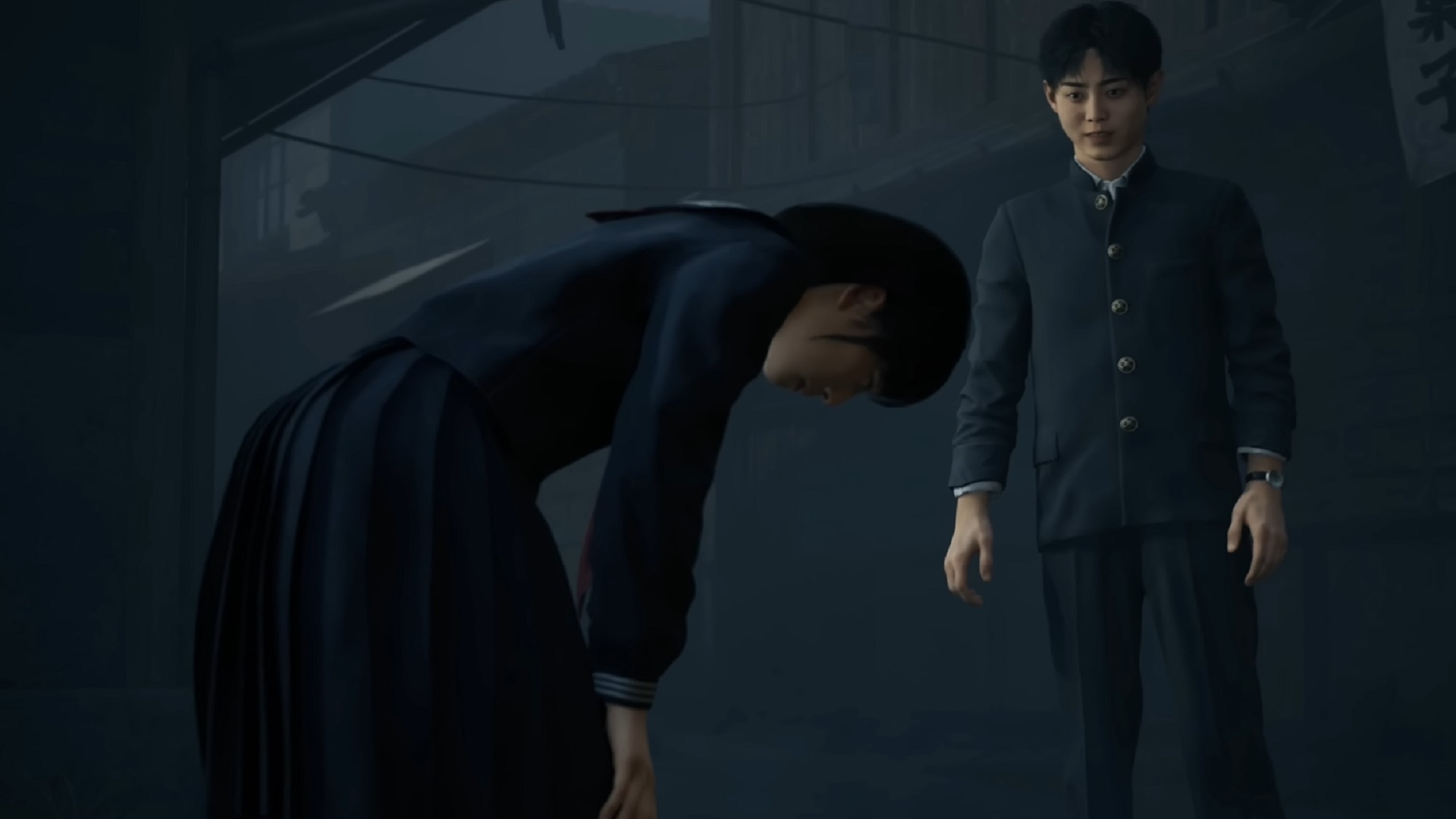 A scene from Silent Hill f showing two school students in uniform standing on a foggy street, with one character bowing down while the other watches.