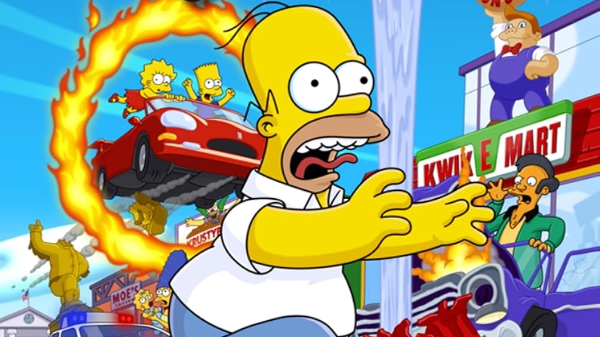 Homer Simpson running as Bart and Lisa jump a flaming ring in The Simpsons Hit & Run