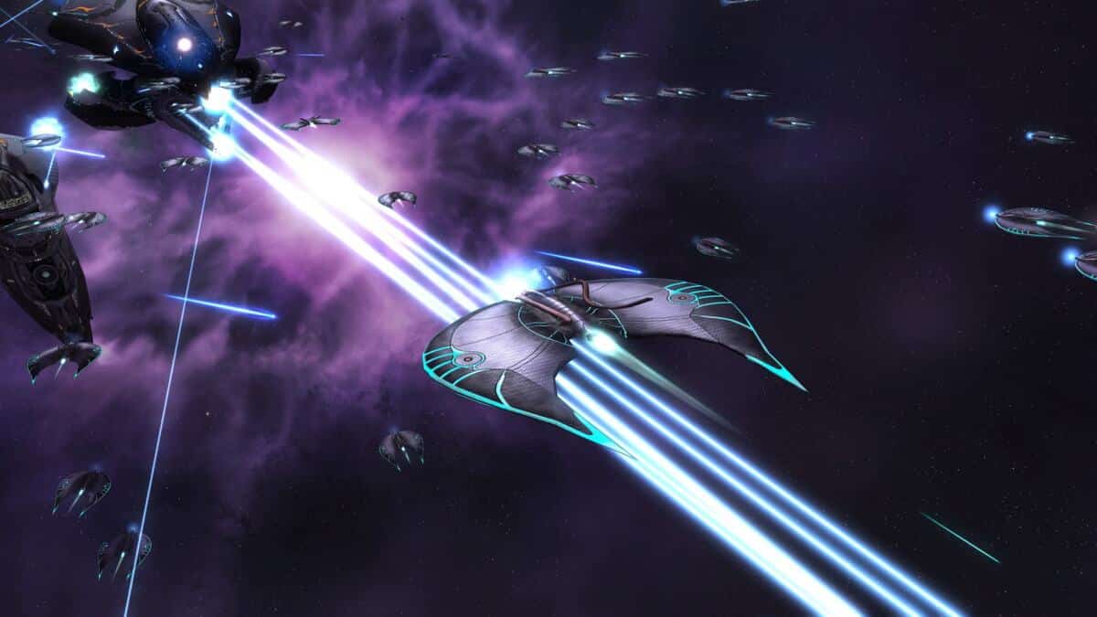 A fleet of futuristic spacecrafts engage in battle in Sins of a Solar Empire Rebellion
