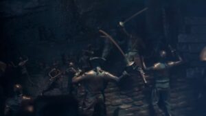A group of statues in a dark room, providing an eerie ambiance.