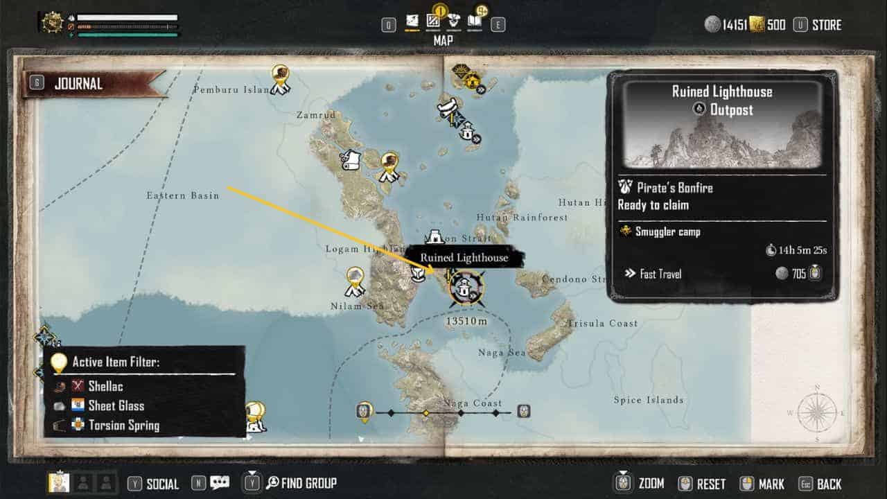 Skull and Bones Hullbreaker Brigantine: map showing location of the Brigantine Hullbreaker Blueprints