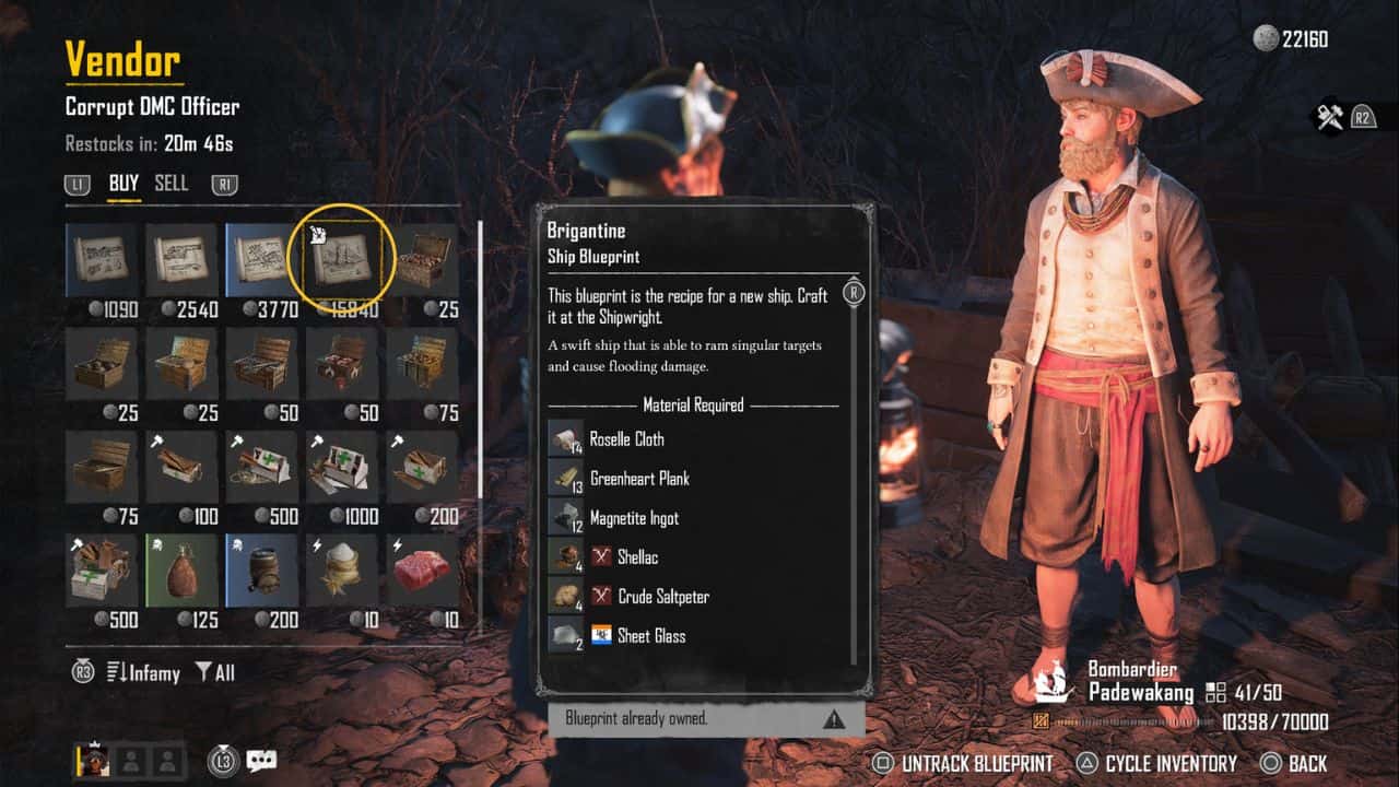 Skull and Bones Hullbreaker Brigantine blueprints in vendor inventory