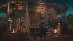 A group of people standing in front of a house at night, appearing mysterious.