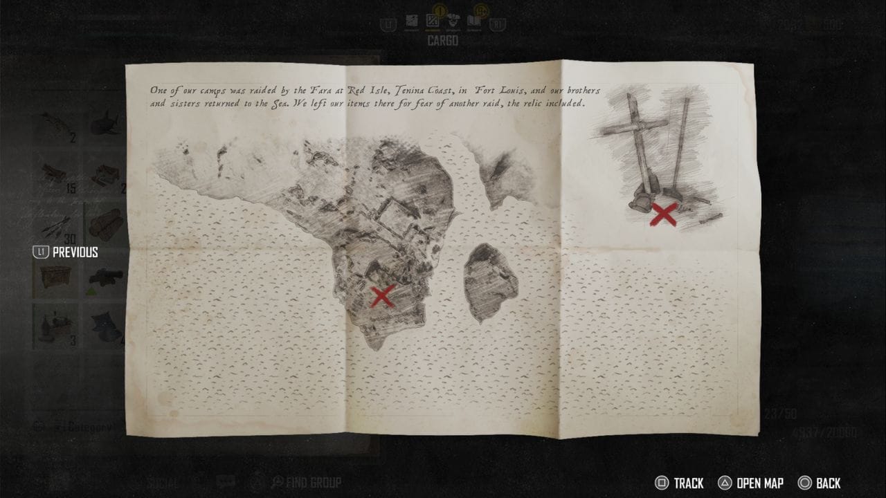 A map embellished with the relic of a red cross, guiding seekers on the path to uncovering the sea people's treasure.
