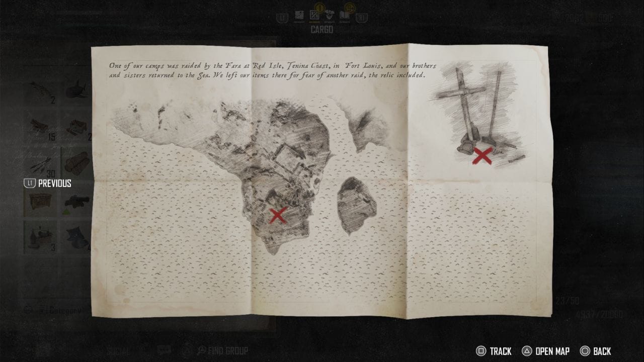 A map embellished with the relic of a red cross, guiding seekers on the path to uncovering the sea people's treasure.