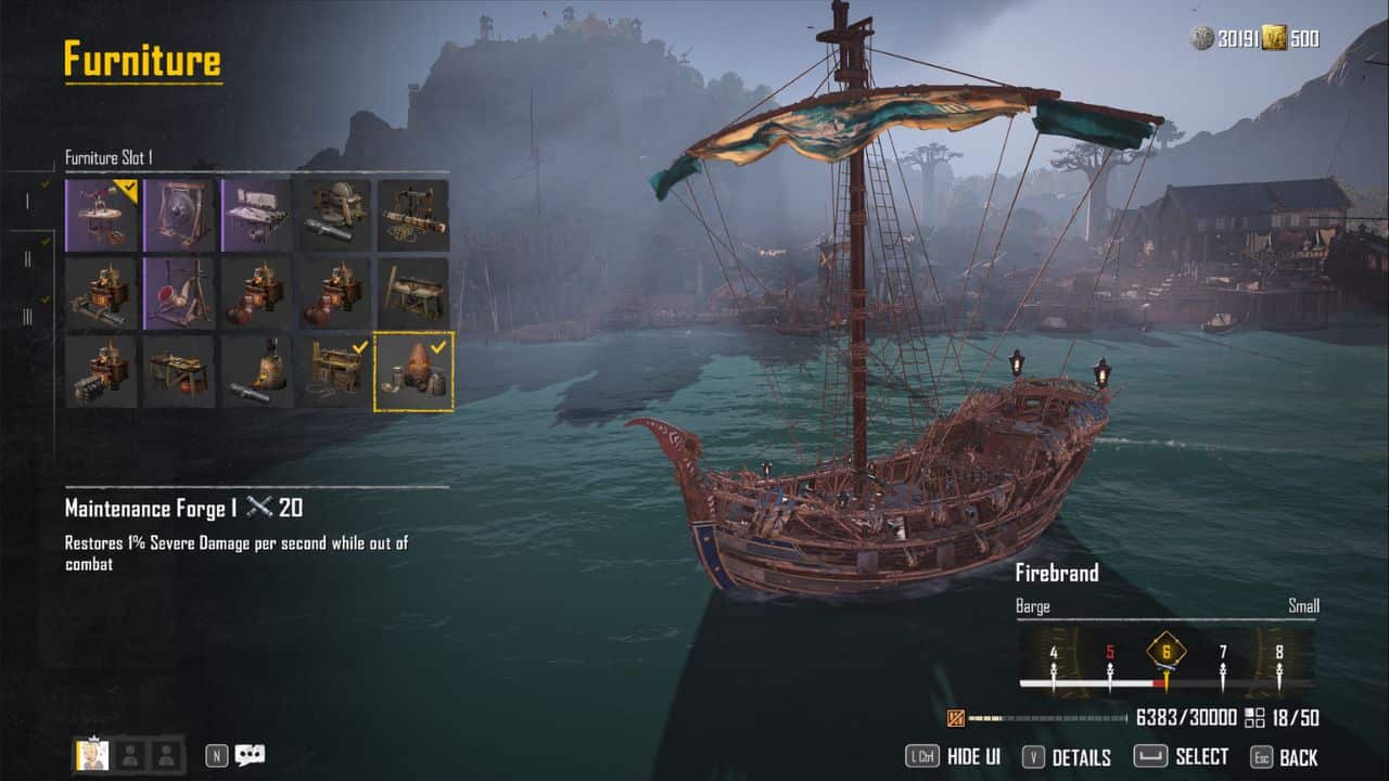 Skull and Bones all status effects: Ship furniture screen showing off healing furniture