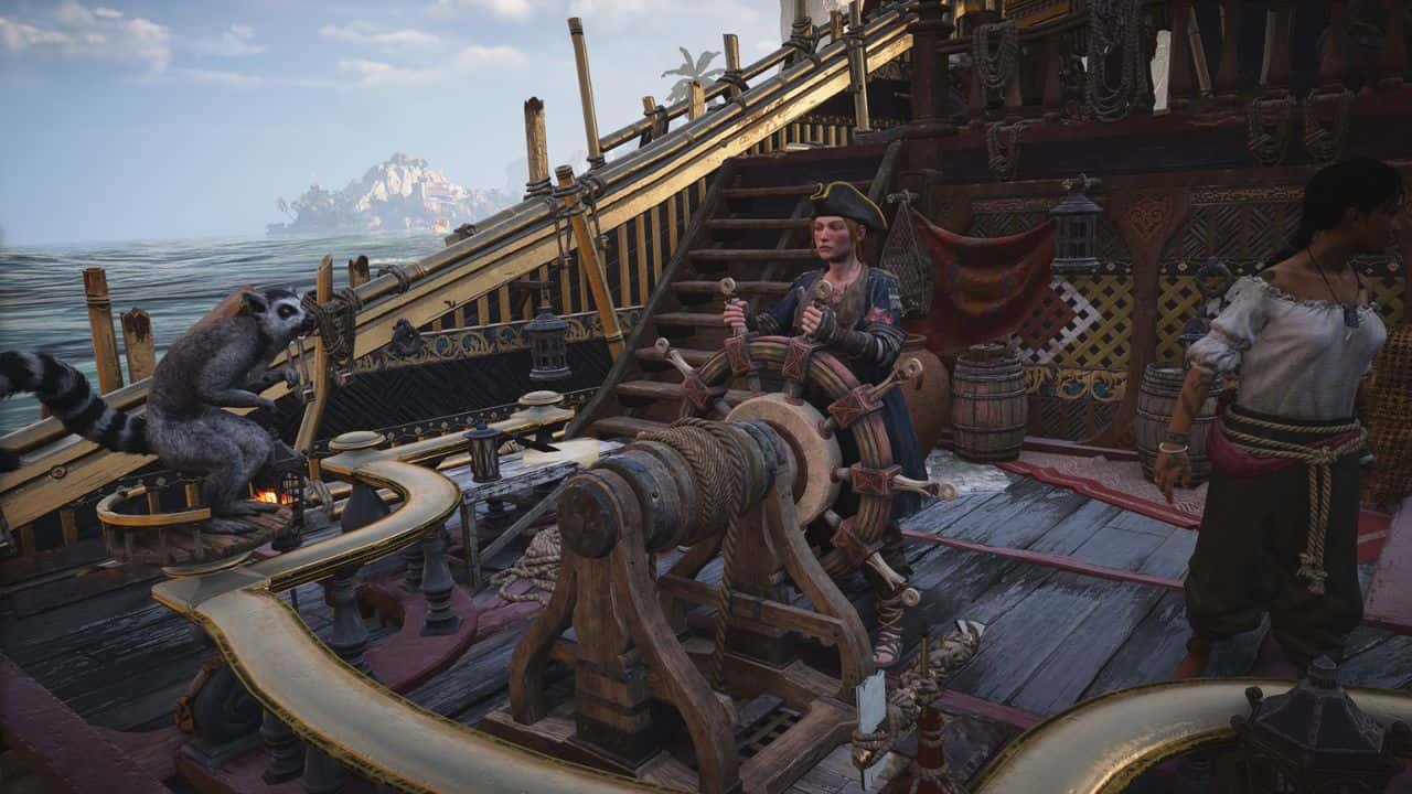 Skull and Bones all status effects: Player behind the wheel of a ship along with a crew member and a lemur