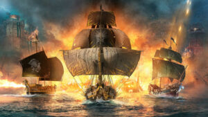 Skull and Bones glitches: three pirate ships sailing away from the sunset on choppy waters.