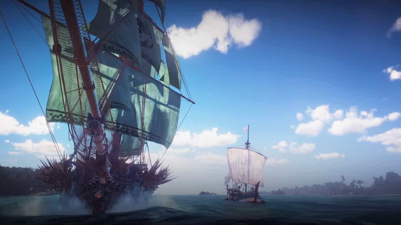 Skull and Bones release date: A large vessel with green sails and a smaller sloop sail together in-game.