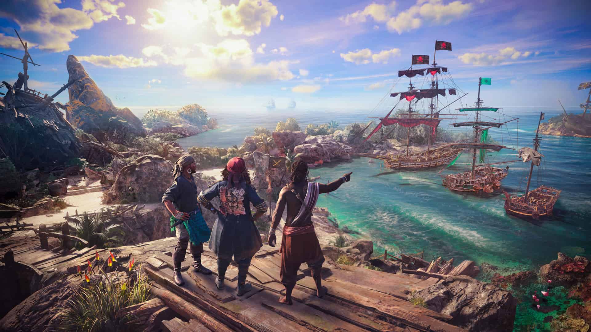 Skull and Bones review: three pirates overlooking a bay with anchored ships.