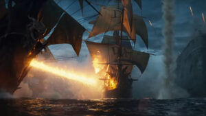 Skull and Bones release date: A pirate ship engages an english frigate with a broadside of fire as they battle before the walls of a coastal fort.