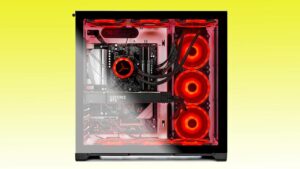 an RTX 3080 Ti gaming PC with red lights.