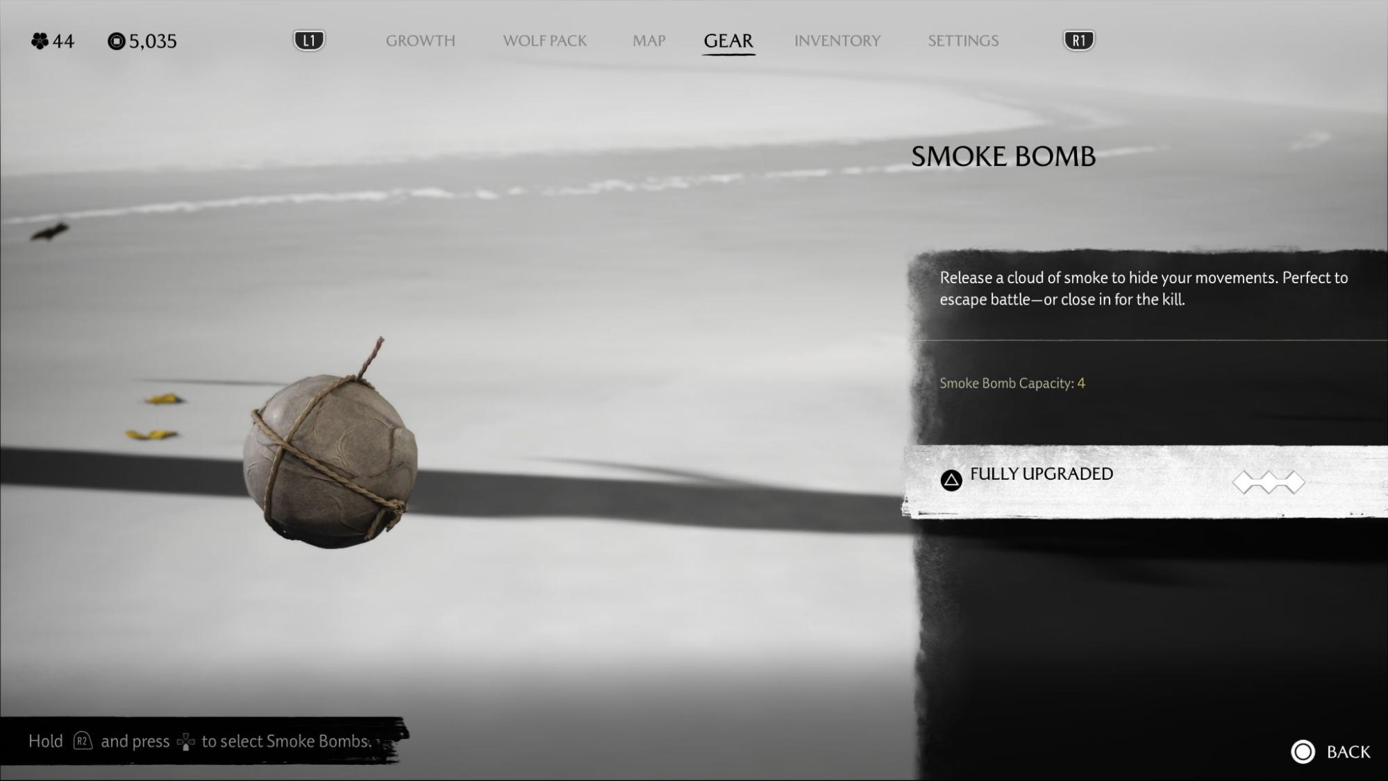 Smoke Bomb upgrade screen in Ghost of Yotei showing stealth tool capacity
