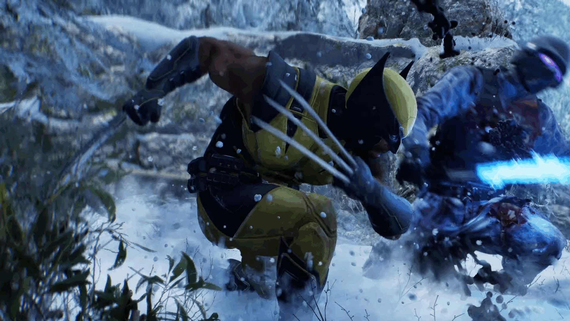 Wolverine slashing enemy in snowy battle