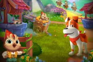 Solitaire Grand Harvest free coins: dog and owl in an idyllic cartoon-style medieval village.