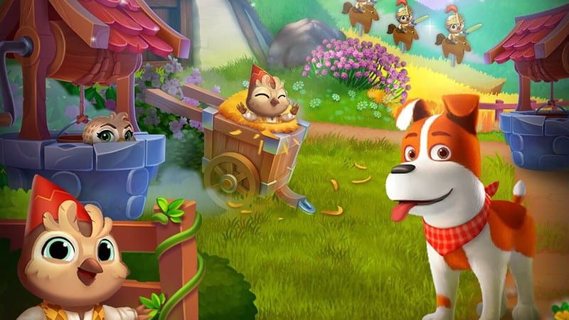 Solitaire Grand Harvest free coins: dog and owl in an idyllic cartoon-style medieval village.