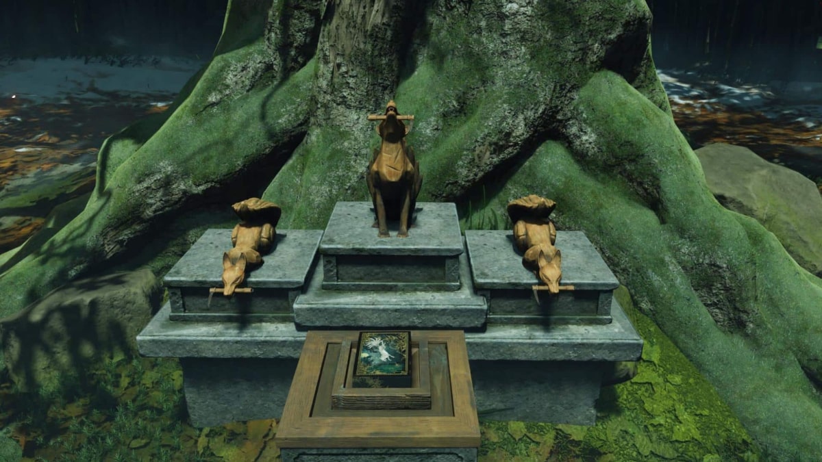Three fox statues at the base of a large tree in the Ghost of Yotei Poison and Snow quest, marking the start of the lantern puzzle