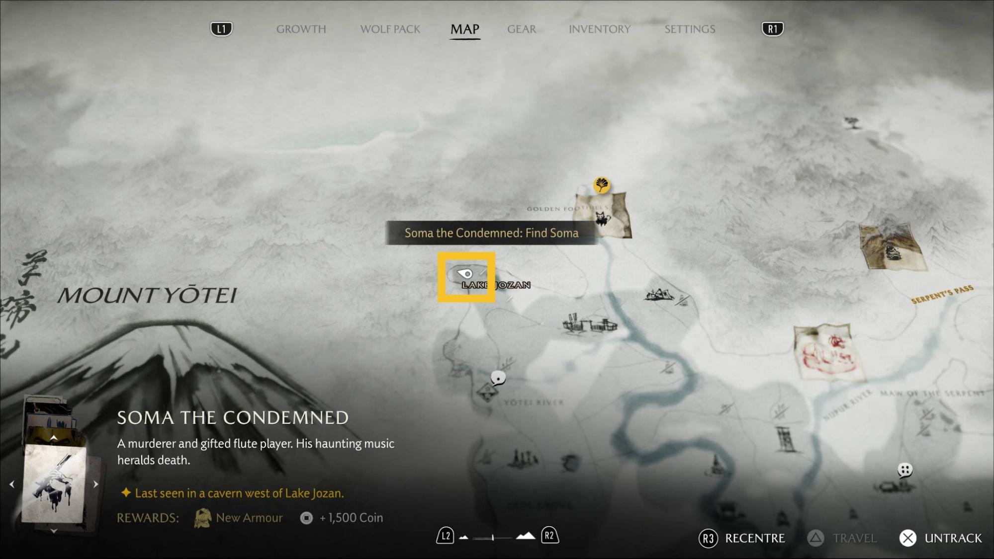 Map showing Soma the Condemned’s cavern near Lake Jozan in Ghost of Yotei
