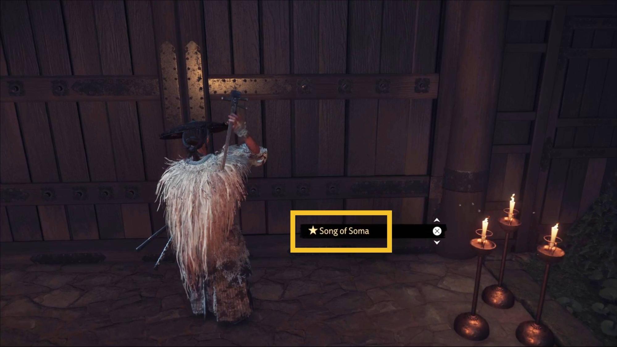 Player selecting the Song of Soma on the shamisen to open the cavern gate in Ghost of Yotei