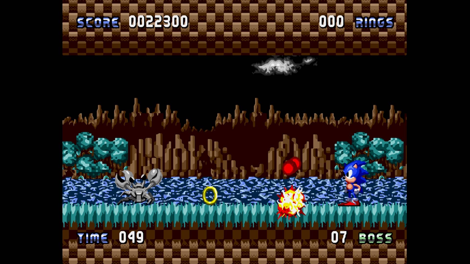 Sonic fights a robotic scorpion boss in a dark cave stage during Sonic Hacking Contest 2025, with pixelated water and rocky terrain in the background.