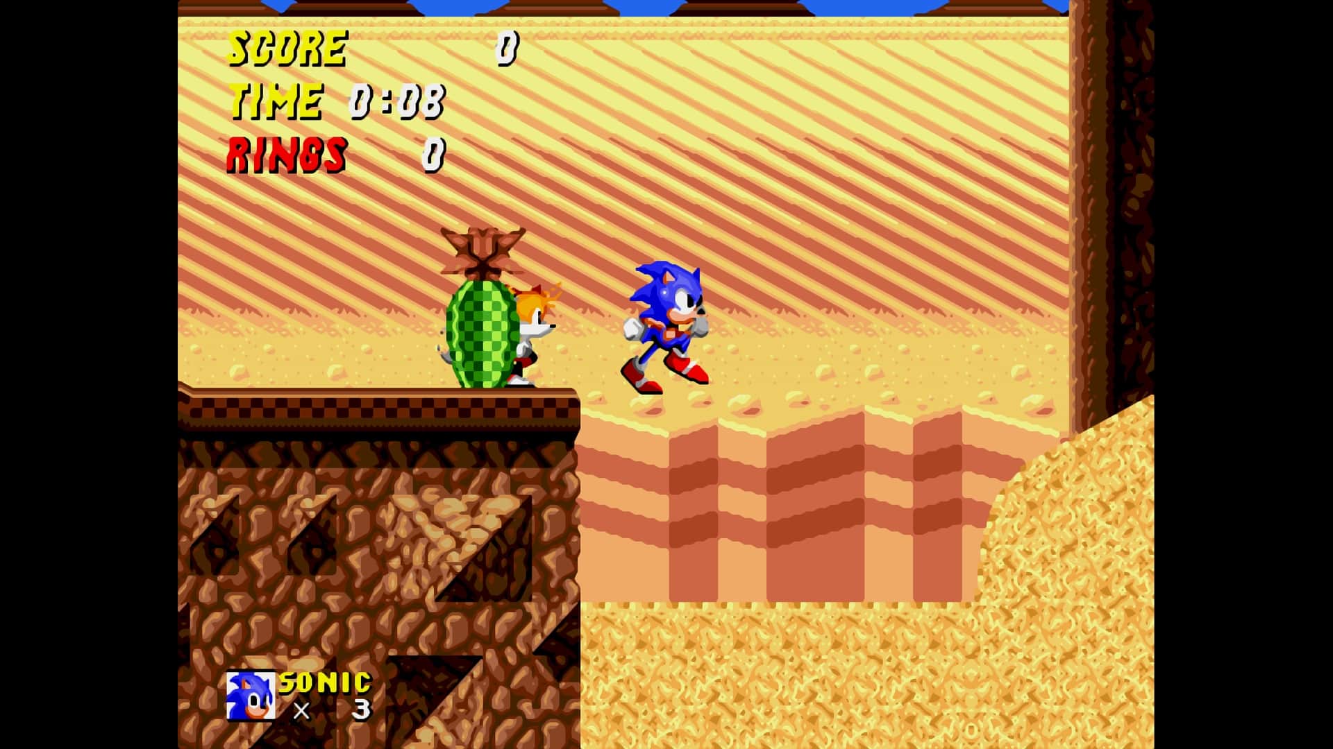 Sonic and Tails run across a sandy desert level in Sonic Hacking Contest 2025, surrounded by dunes and cacti in a retro pixel art style