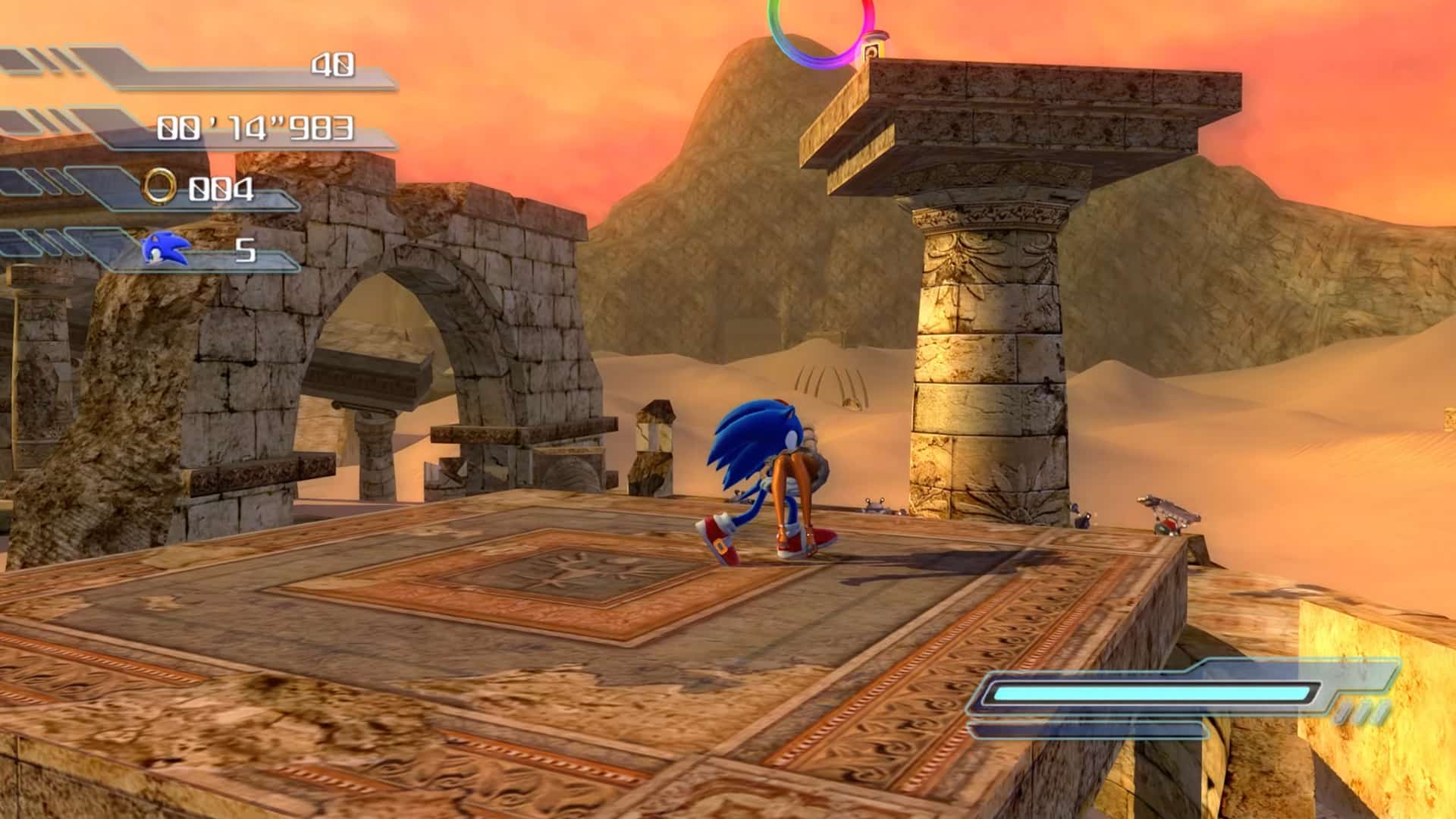 Sonic explores an ancient desert ruin at sunset in Sonic Hacking Contest 2025, surrounded by stone pillars and sand dunes glowing under an orange sky.
