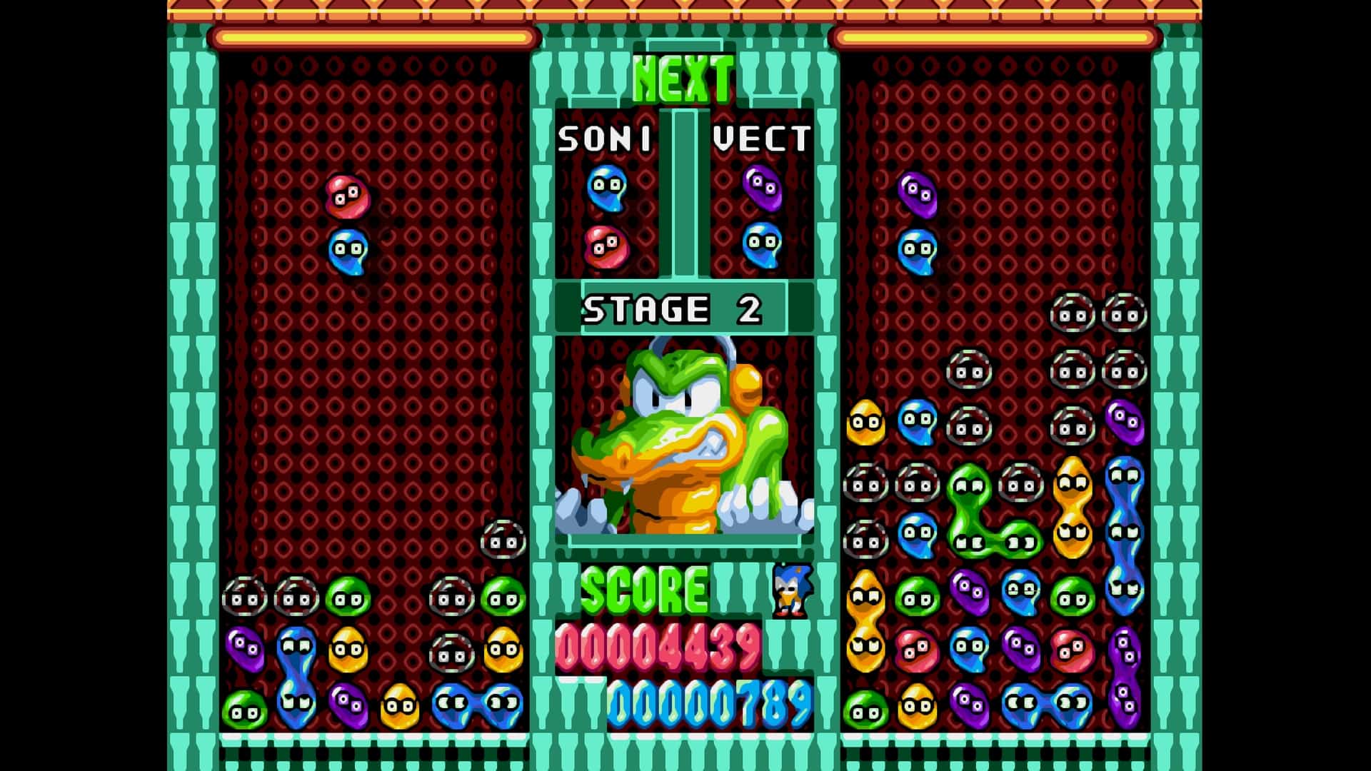 Sonic battles Vector the Crocodile in a puzzle match during Sonic Hacking Contest 2025