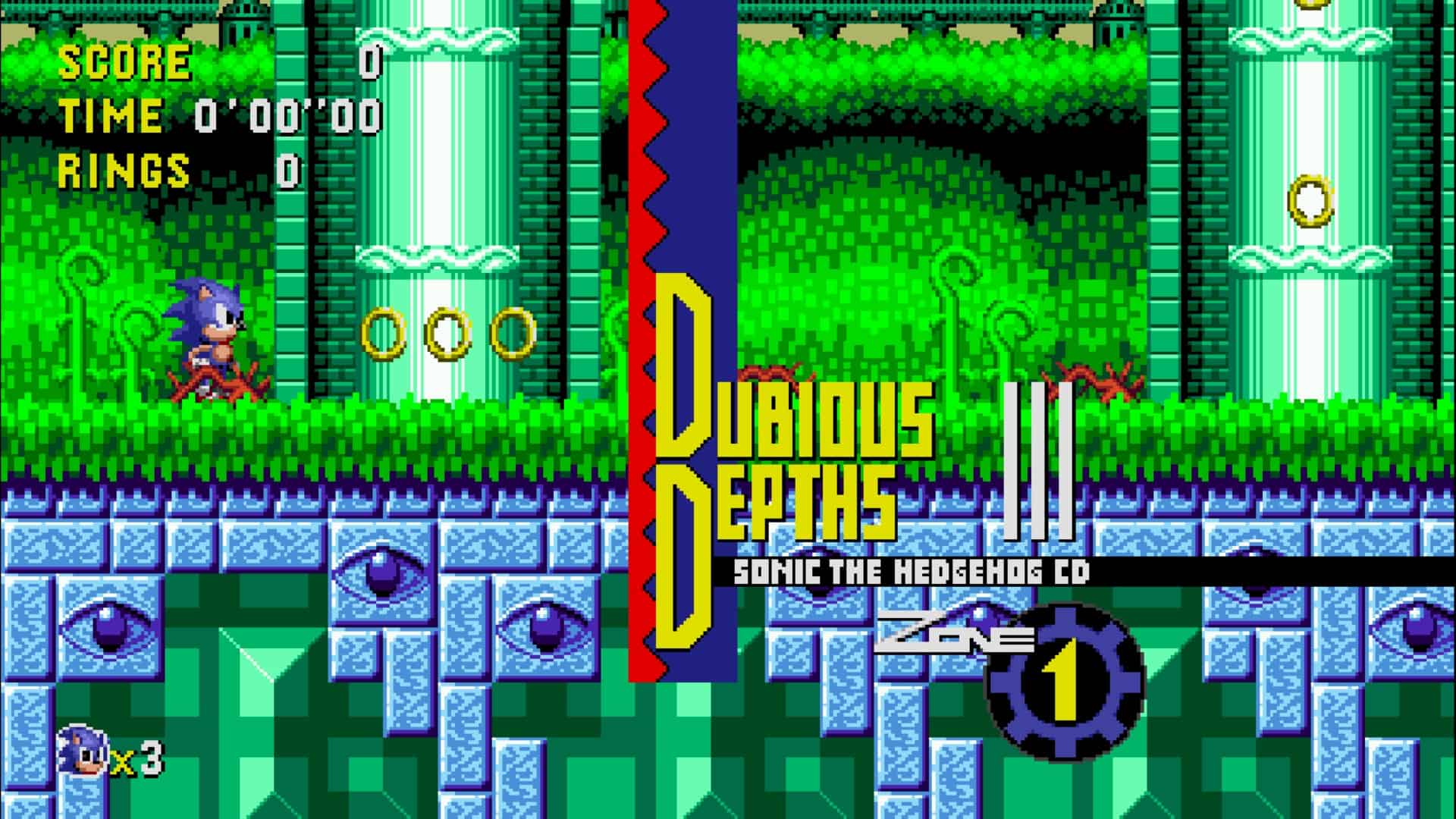 Sonic stands at the start of the Dubious Depths Zone in Sonic Hacking Contest 2025, surrounded by green waterfalls and ancient blue ruins.