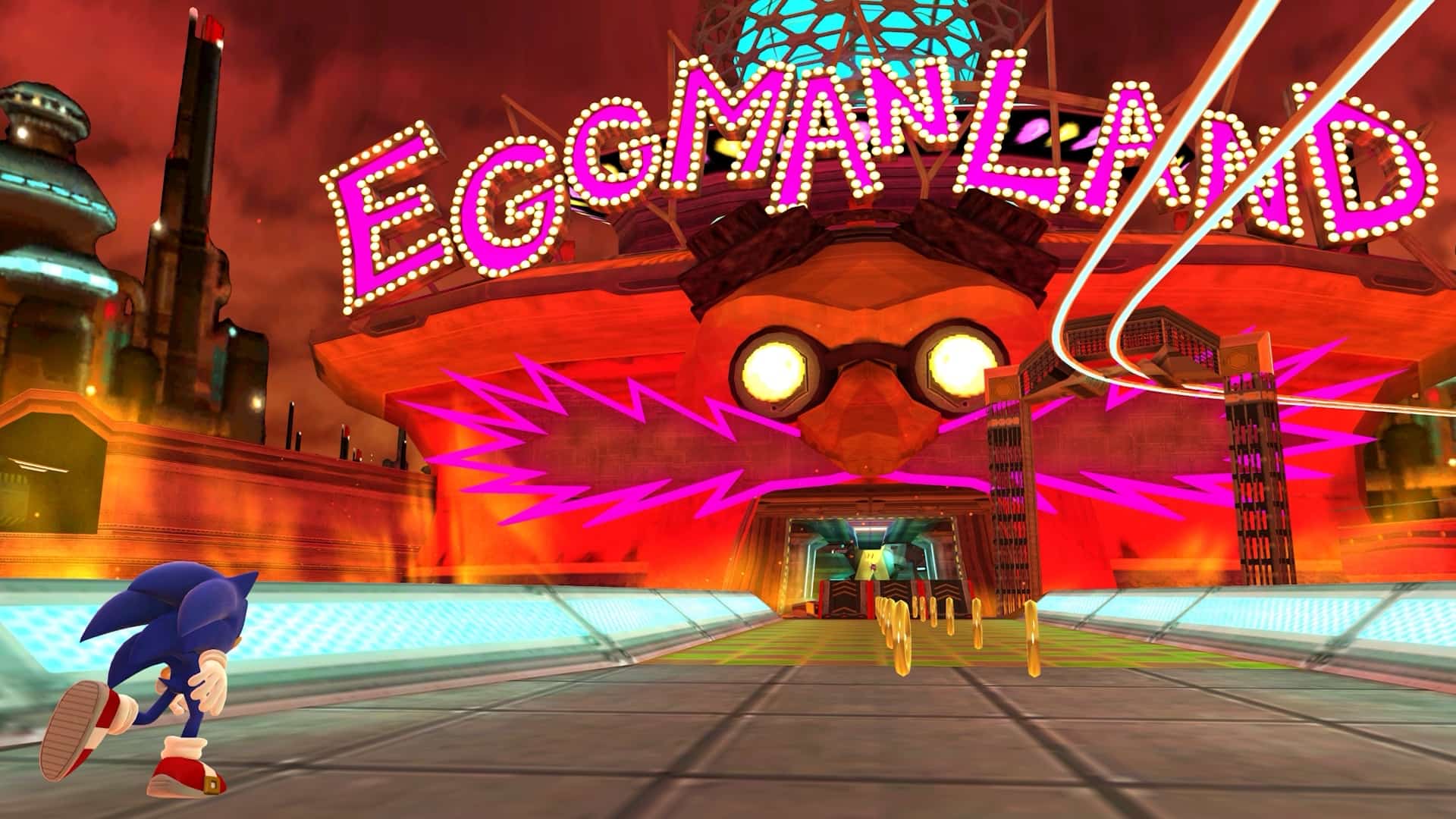 Sonic races toward the glowing Eggman Land entrance in Sonic Hacking Contest 2025
