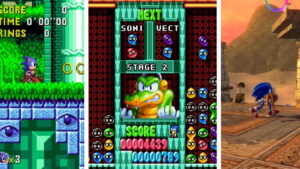 A collage showing different mods from Sonic Hacking Contest 2025, including Sonic running through a lush green zone, a puzzle battle against Vector, and an ancient desert ruin stage.