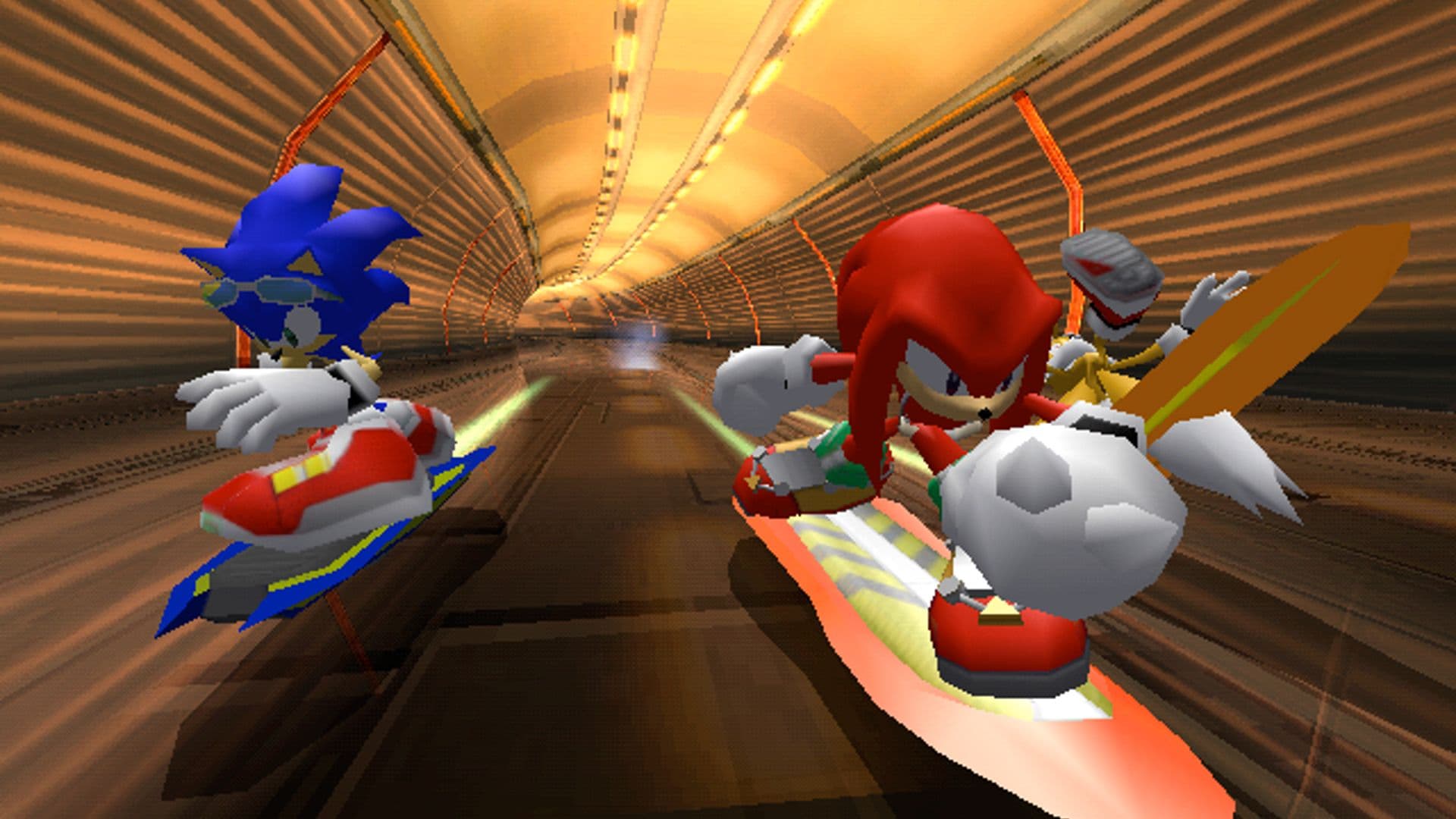 Sonic and Knuckles speed through a tunnel on hoverboards in Sonic Riders
